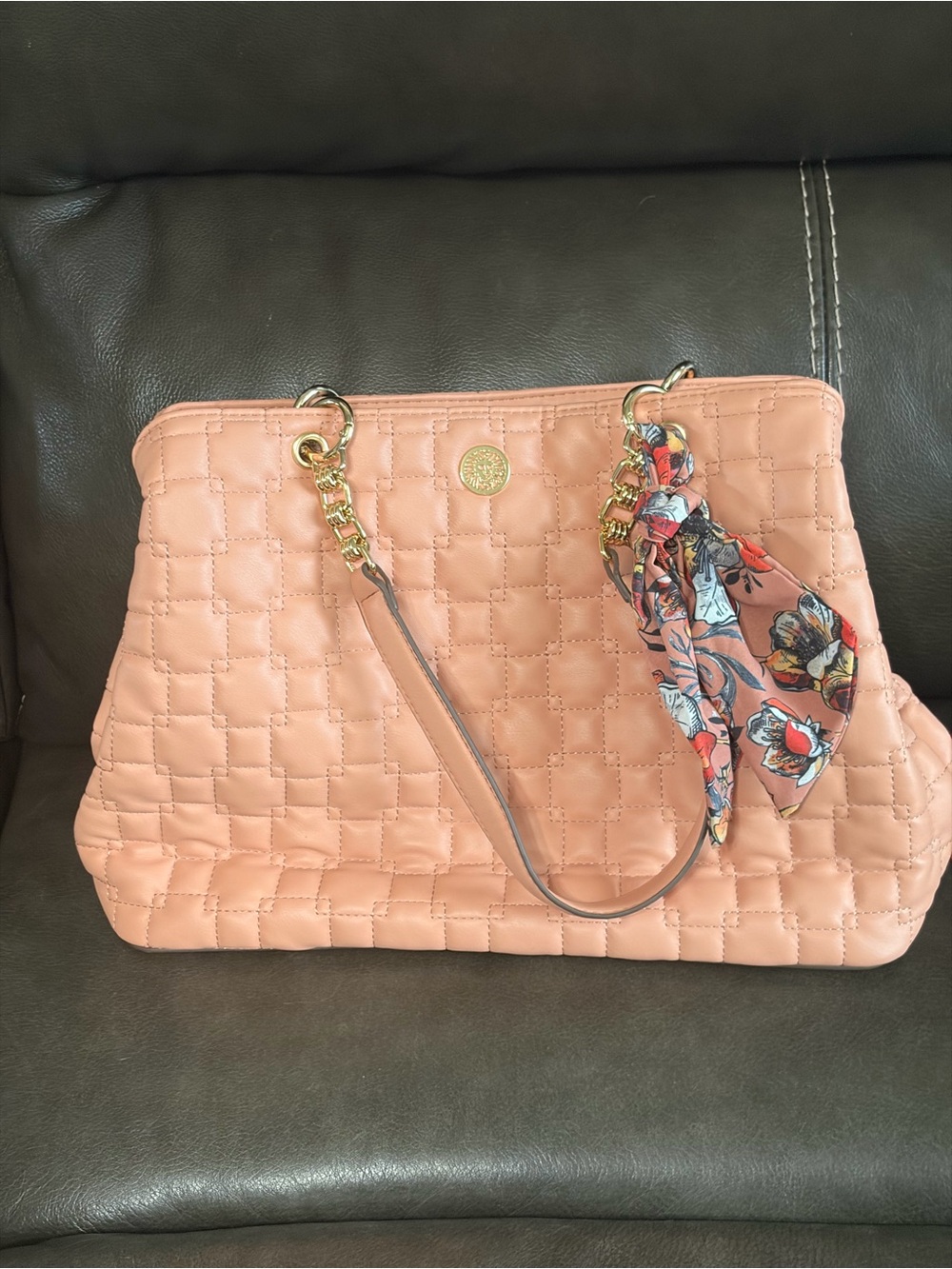 Anne Klein Peach Quilted Shoulder Tote with Floral Scarf